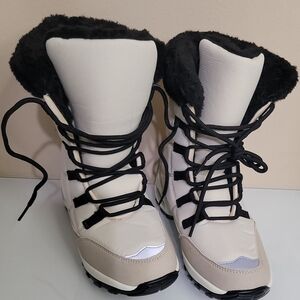 Women's Cream and Black Winter Lace-Up Fur-Trim Boots
